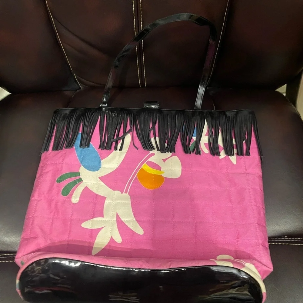 CHANEL vintage Pink Quilted Tote with Black Fringe and Colorful Accents